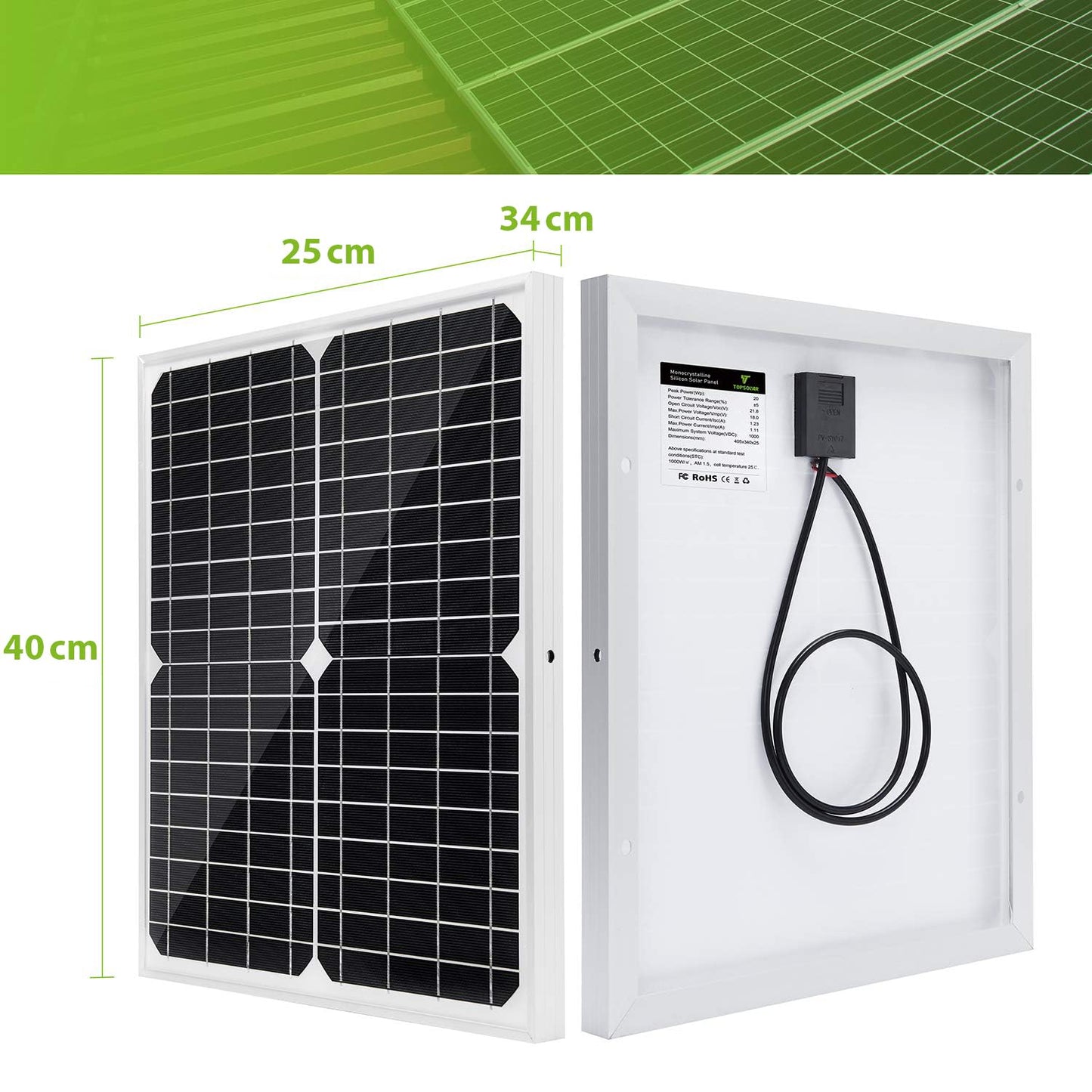 Kit Painel Solar 20W 12V Monocristalino com Controlador de Carga Solar 10A + Cabo de Extensão com Garras para Bateria e Terminal Olhal para Motorhome, Barco, Uso Marítimo e Sistema Off-Grid