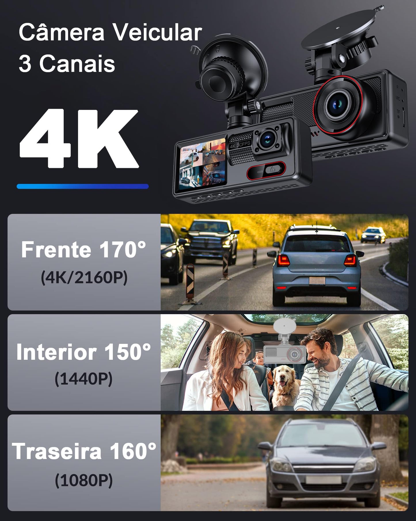 Câmera de Carro 4K UHD com Dupla Câmera (Frontal e Traseira), Visão Noturna, Tela IPS 2.0'', Ângulo de 170°, WDR, Cartão de 64GB Incluso