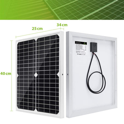 Kit Painel Solar 20W 12V Monocristalino com Controlador de Carga Solar 10A + Cabo de Extensão com Garras para Bateria e Terminal Olhal para Motorhome, Barco, Uso Marítimo e Sistema Off-Grid