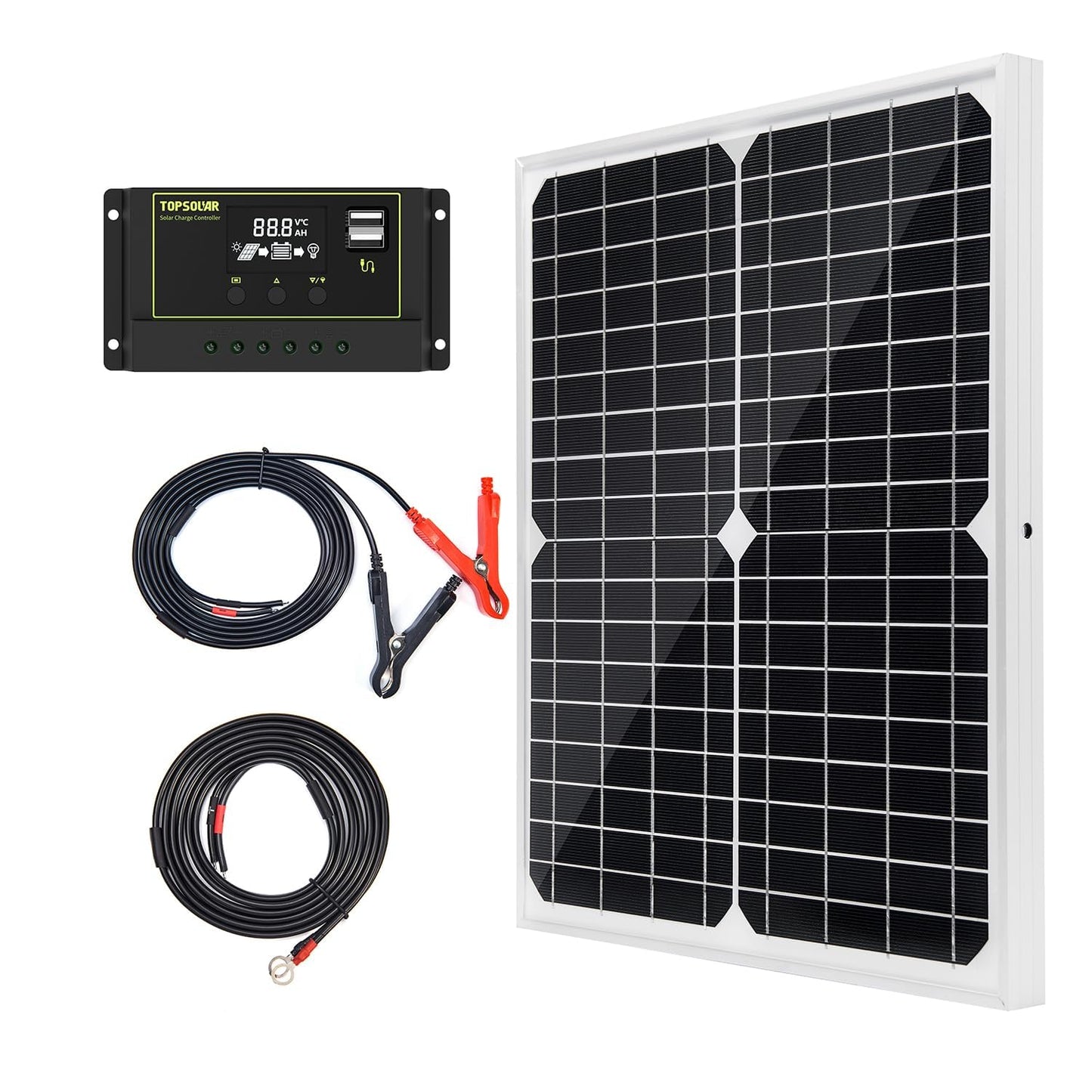 Kit Painel Solar 20W 12V Monocristalino com Controlador de Carga Solar 10A + Cabo de Extensão com Garras para Bateria e Terminal Olhal para Motorhome, Barco, Uso Marítimo e Sistema Off-Grid
