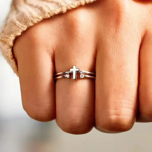 2025 Chic Dainty Silver Color Cross Ring Female Fashion Finger Jewelry with Bright Cubic Zirconia Accessories for Daily Wear